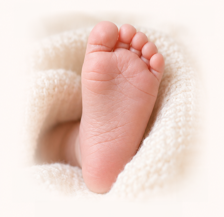 A newborn's foot, sole up, in soft natural light